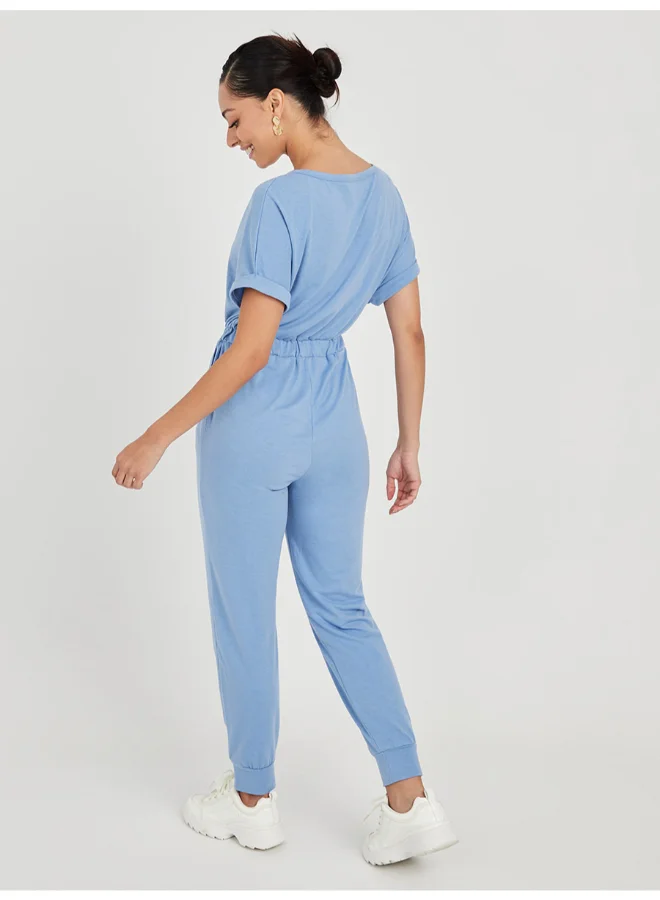 Closet By Styli V-Neck Roll Up Short Sleeve Jumpsuit Blue
