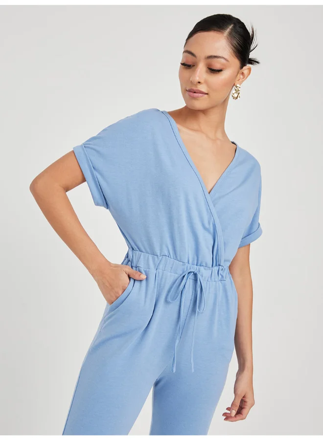 Closet By Styli V-Neck Roll Up Short Sleeve Jumpsuit Blue