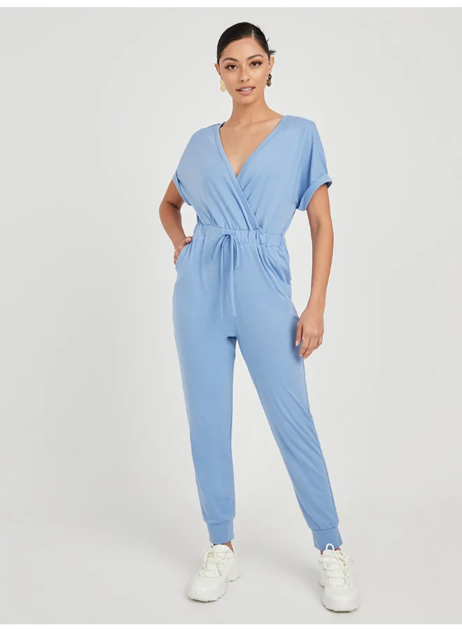 Closet By Styli V-Neck Roll Up Short Sleeve Jumpsuit Blue