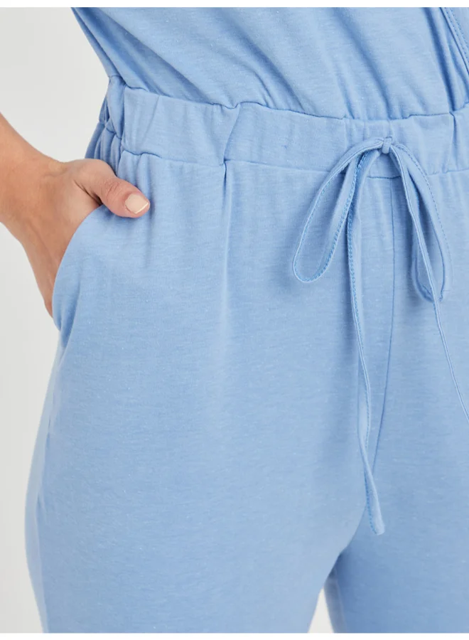 Closet By Styli V-Neck Roll Up Short Sleeve Jumpsuit Blue