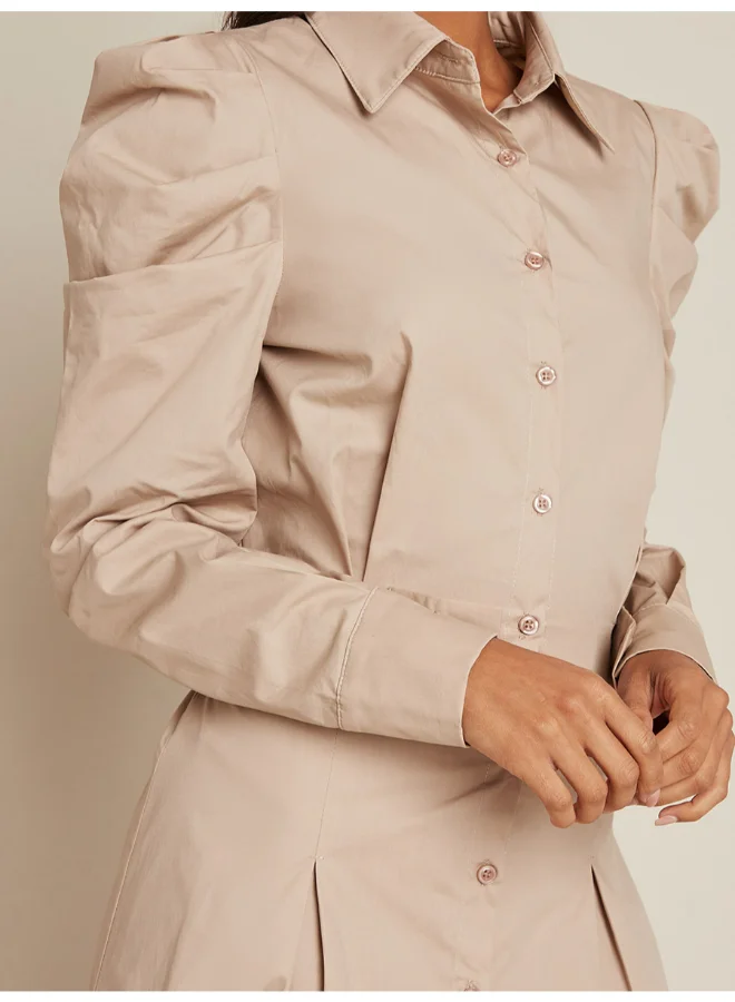 Closet By Styli Button Through Puff Sleeves Mini Dress Beige