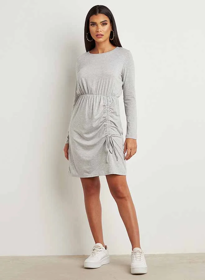 Closet By Styli Ruched Side Panel Detail Long Sleeve Mini Dress Grey