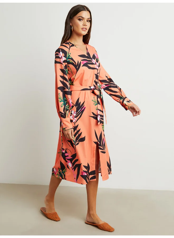 Closet By Styli Floral Printed Midi Dress Orange/Black/Green