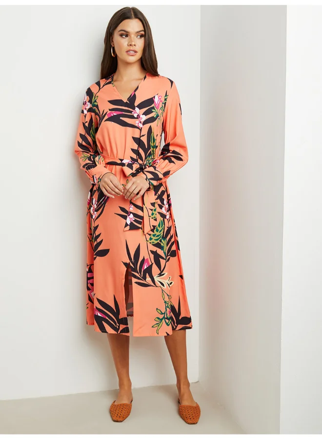 Closet By Styli Floral Printed Midi Dress Orange/Black/Green