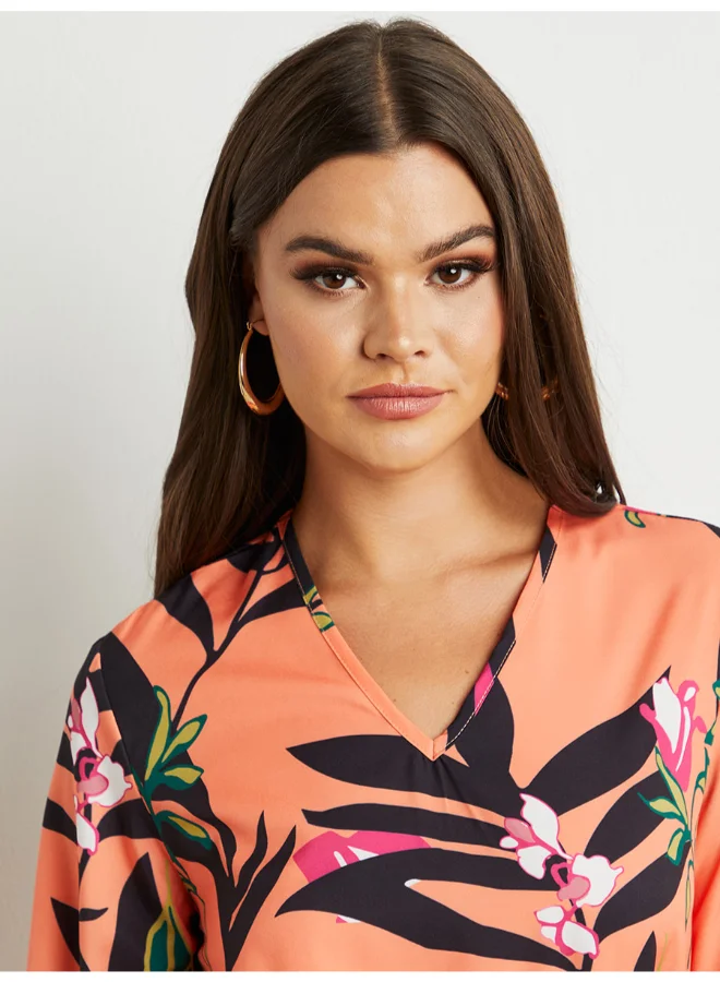 Closet By Styli Floral Printed Midi Dress Orange/Black/Green