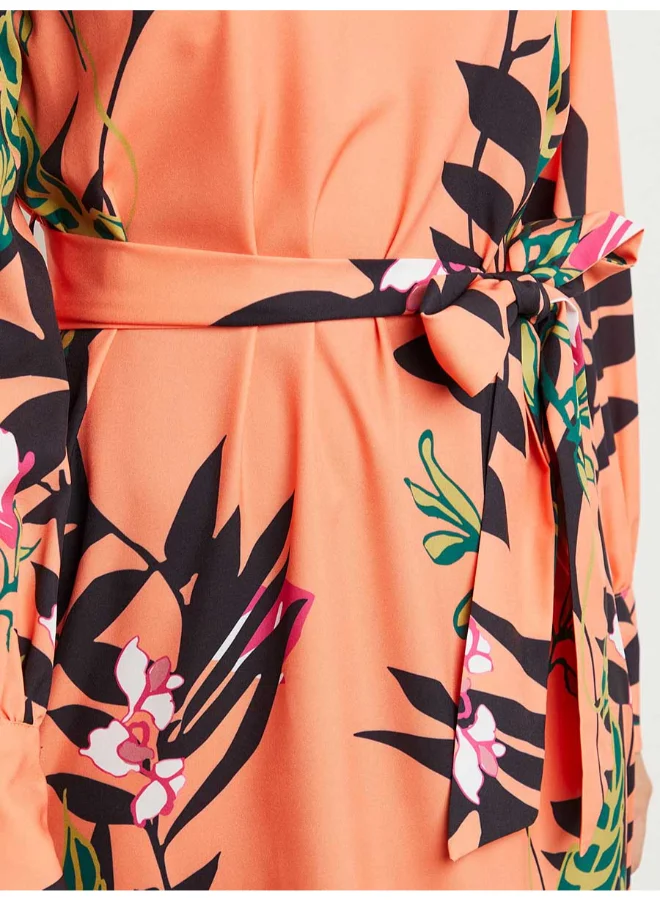 Closet By Styli Floral Printed Midi Dress Orange/Black/Green