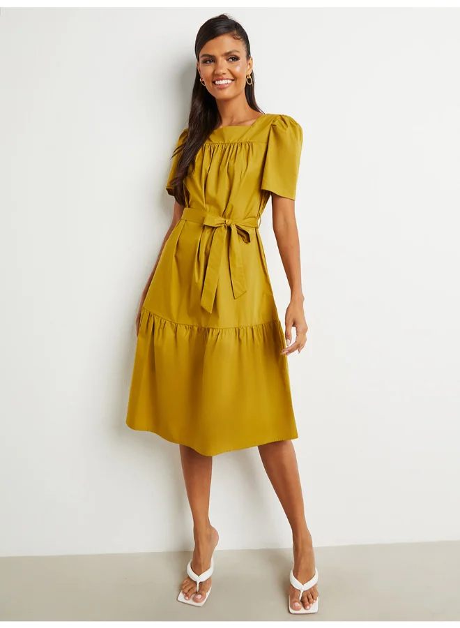 Closet By Styli Square Neck Knee Length Dress Olive Green