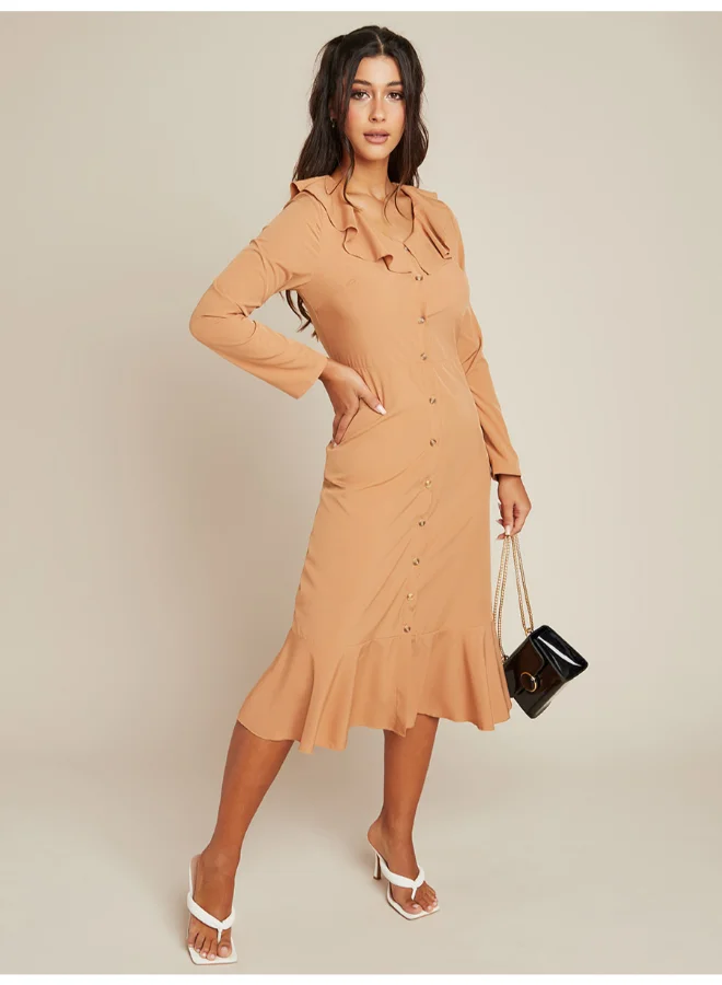 Closet By Styli Ruffle Detail Midi Dress Light Brown