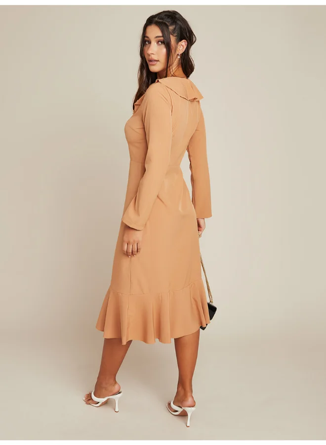 Closet By Styli Ruffle Detail Midi Dress Light Brown