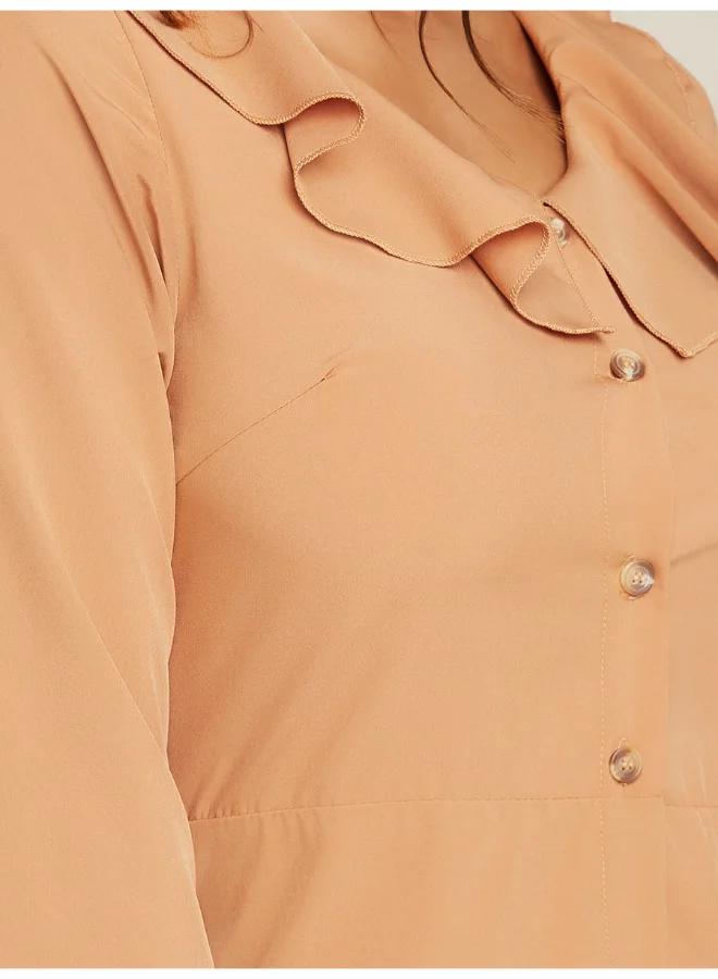 Closet By Styli Ruffle Detail Midi Dress Light Brown