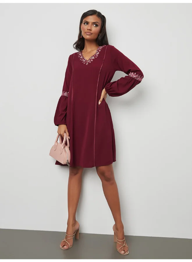 Closet By Styli Embroidered Long Sleeve Mini Dress Burgundy