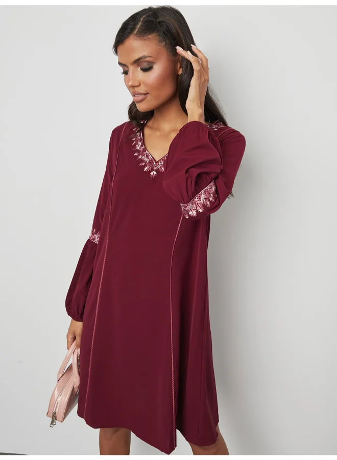 Closet By Styli Embroidered Long Sleeve Mini Dress Burgundy