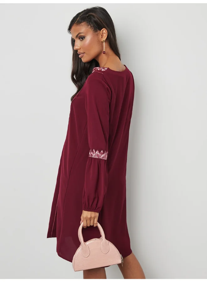 Closet By Styli Embroidered Long Sleeve Mini Dress Burgundy