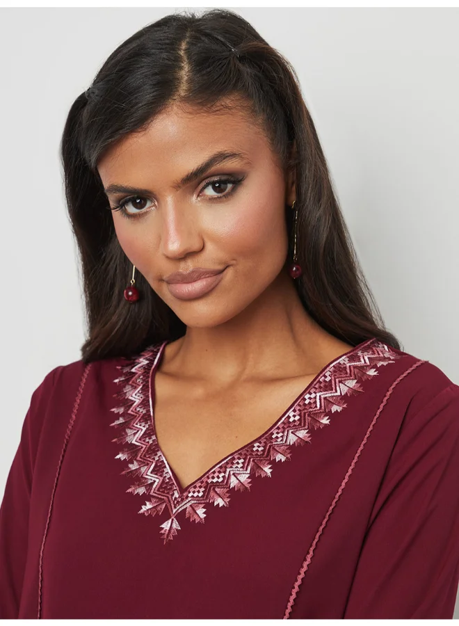 Closet By Styli Embroidered Long Sleeve Mini Dress Burgundy