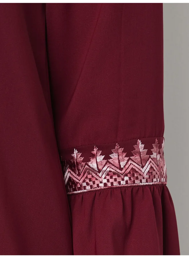 Closet By Styli Embroidered Long Sleeve Mini Dress Burgundy