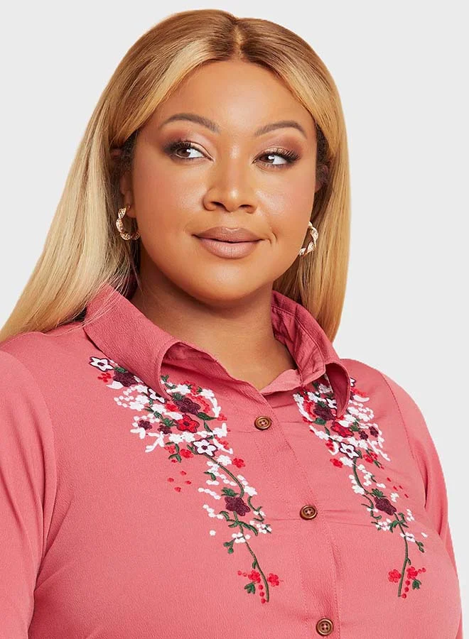 Closet By Styli Button Down Embroidered Collared Neck Mini Dress Pink