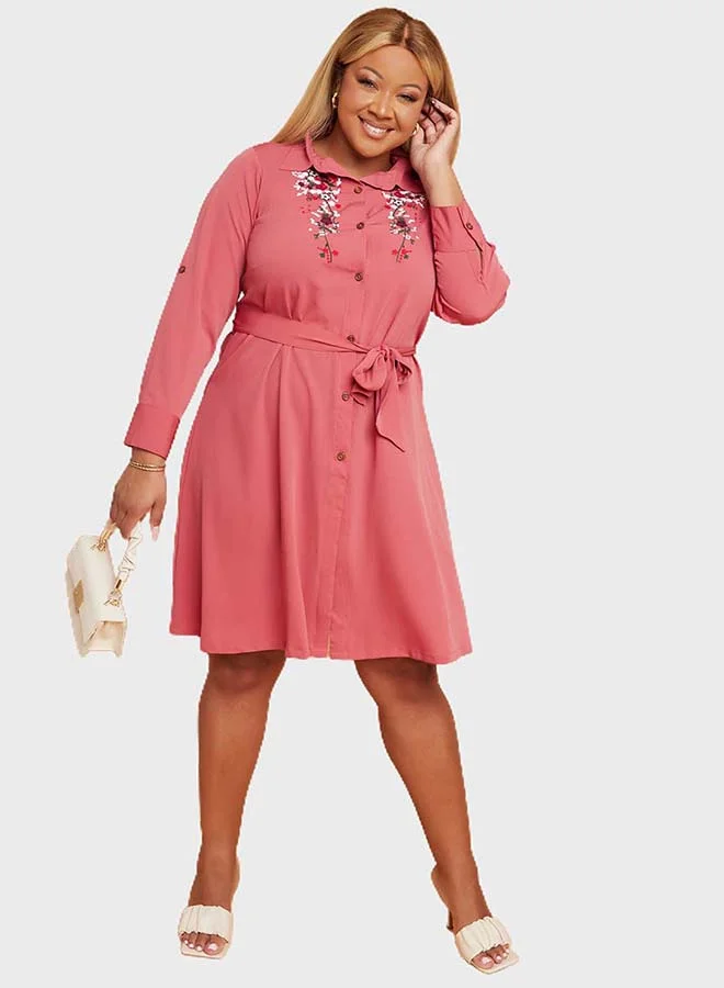 Closet By Styli Button Down Embroidered Collared Neck Mini Dress Pink