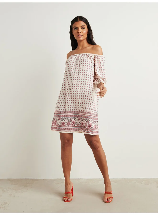 Closet By Styli Printed Off Shoulder Mini Dress Multicolour