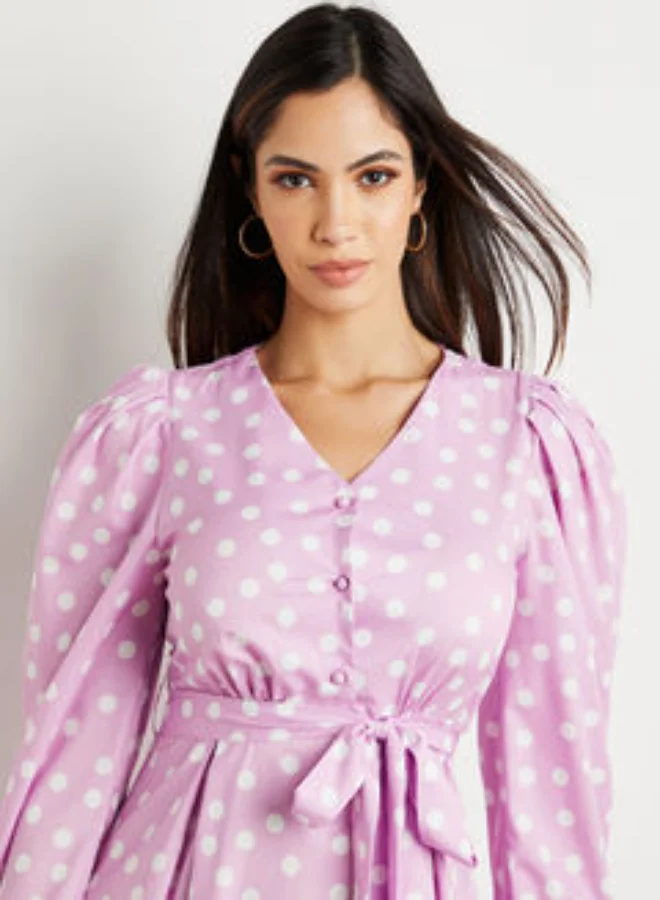 Closet By Styli Polka Dot Print Midi Dress Lilac