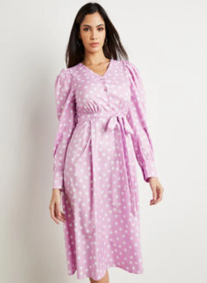 Closet By Styli Polka Dot Print Midi Dress Lilac