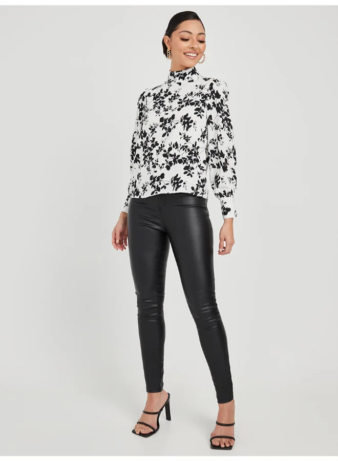 Closet By Styli High Neck Long Sleeve Floral Print Top White/Black
