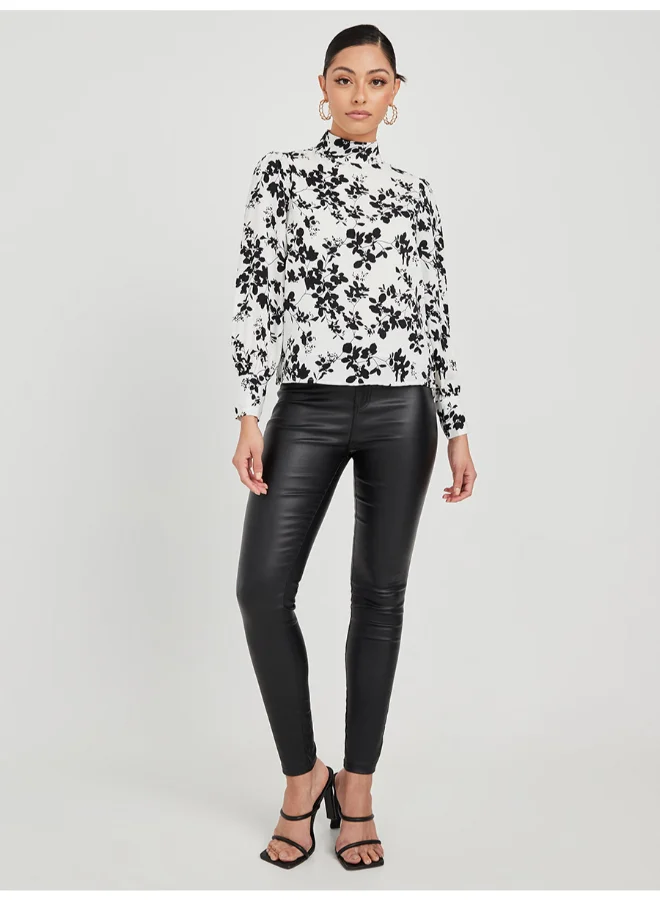 Closet By Styli High Neck Long Sleeve Floral Print Top White/Black