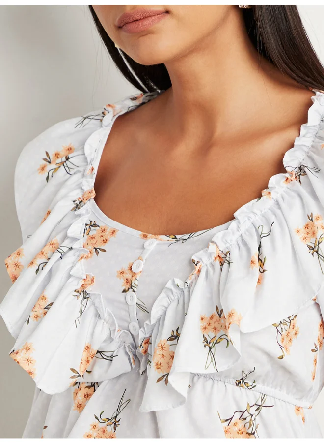 Closet By Styli Floral Print Ruffled Scoop Neck Top Light Blue/Beige