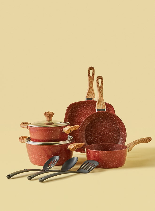 10 Piece Cookware Set - Aluminum Pots And Pans - Non-Stick Surface - Wood Finish Handles - Tempered Glass Lids - PFOA Free - Frying Pan, Casserole With Lid, Saucepan, Grill Pan, Kitchen Tools - Maroon 