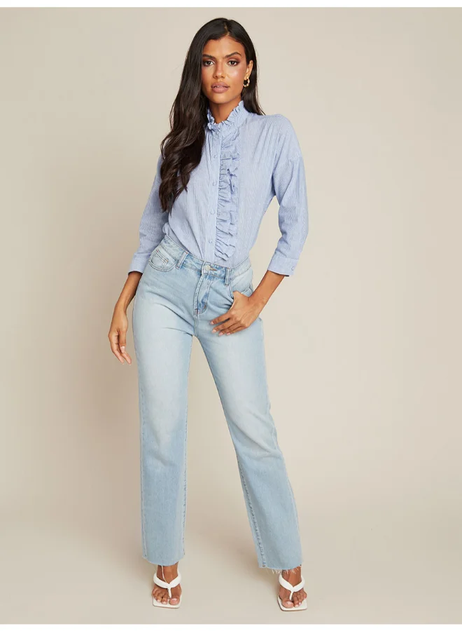 Closet By Styli Stripe Stand Collar Frill Detail Shirt Blue