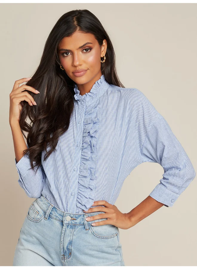 Closet By Styli Stripe Stand Collar Frill Detail Shirt Blue