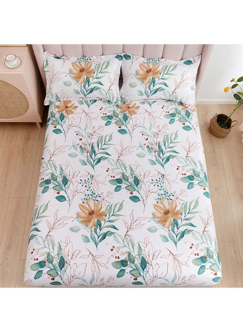 3-Piece Premium Collection Qapla King Size Printed Bedsheet And Pillow Case Set Includes 1xKing Size Fitted Bedsheet 200x200x30cm, 2xPillow Cases Microfiber Multicolour 50x75cm