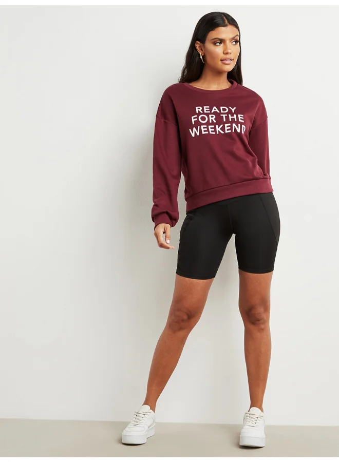 Closet By Styli Round Neck Printed Sweatshirt Burgundy Red/White
