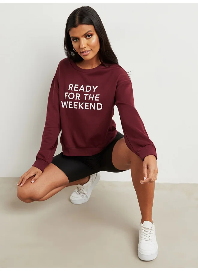 Closet By Styli Round Neck Printed Sweatshirt Burgundy Red/White