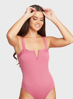 V Wire Wide Strap Rib Swimsuit Pink