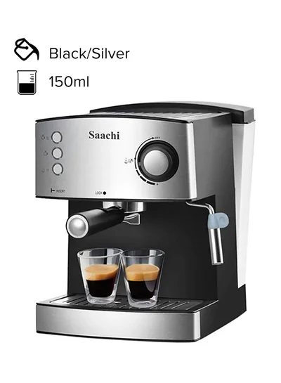 Saachi All-In-One Coffee Maker to make Espresso, Cappuccino and Latte with 15 Bar Steam Pressure Pump, Svivel Steam Jet to Froth Milk, Keep Warm Tray and Automatic Shut-Off 150 ml 850 W NL-COF-7056 Black/Silver