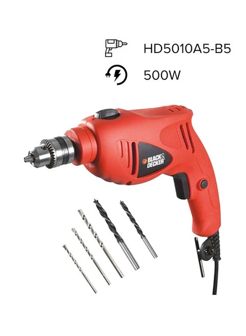 Hammer Drill Single Speed For Wood, Steel And Masonry Drilling With 5-Pieces High Performance Masonry Drill Bits 500W HD5010A5-B5 Orange/Black