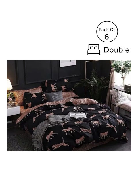 6-Piece Double Size Premium Collection Super Soft Long Lasting Washable Plain Design Bedding Duvet Set Includes 1xDuvet Cover,1xFitted Sheet 230x250 cm,4xPillowcases 50x75 cm Microfiber Black/Beige