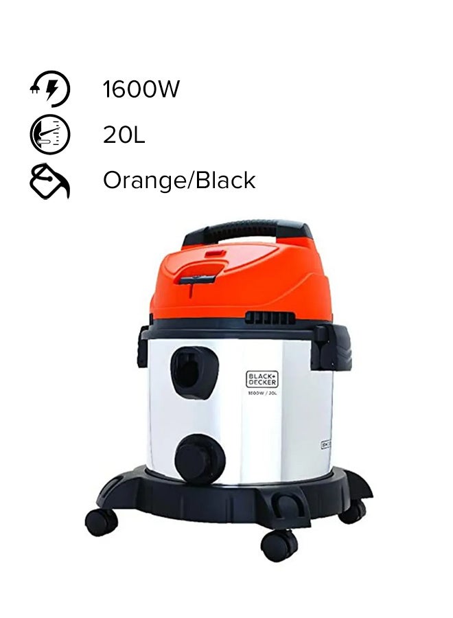 BLACK+DECKER Drum Vacuum Cleaner Stainless Steel With Wet And Dry Function 20 L 1600 W WDBDS20-B5 Orange/Black  - Image 1