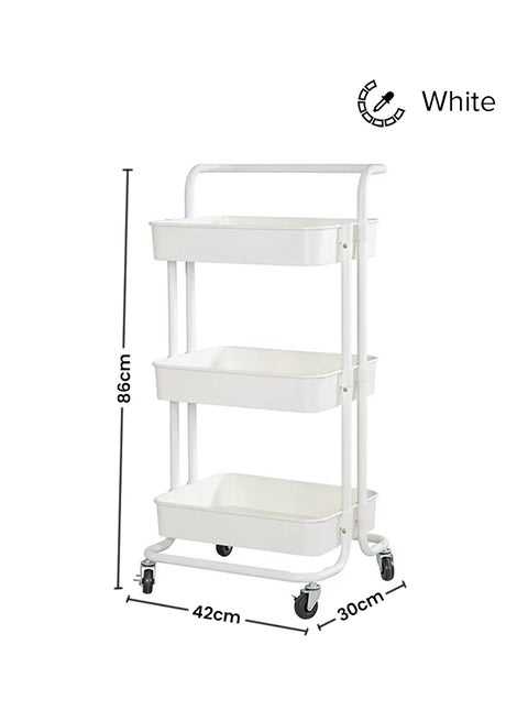 3-Tier Utility Cart Rolling Storage Shelf With Handles 2 Lockable Wheels White 86x42x30cm