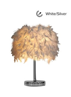 Portable Modern Style Antique Designed Decorative Table Lamp With Feather Lampshade White/Silver 13x13x24cm