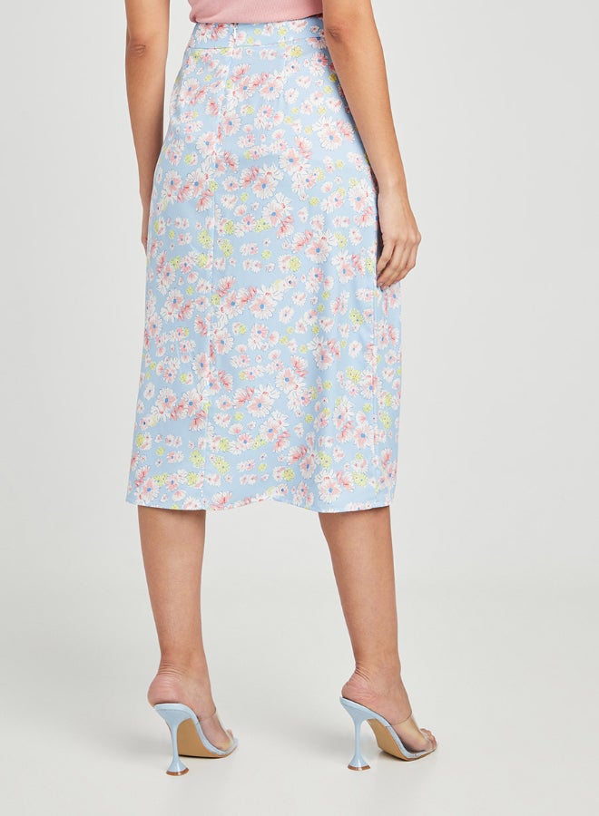 Closet By Styli - Side Slit Floral Printed High Waist Midi Skirt Blue - Image 1