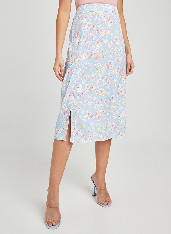 Closet By Styli - Side Slit Floral Printed High Waist Midi Skirt Blue - Image 1