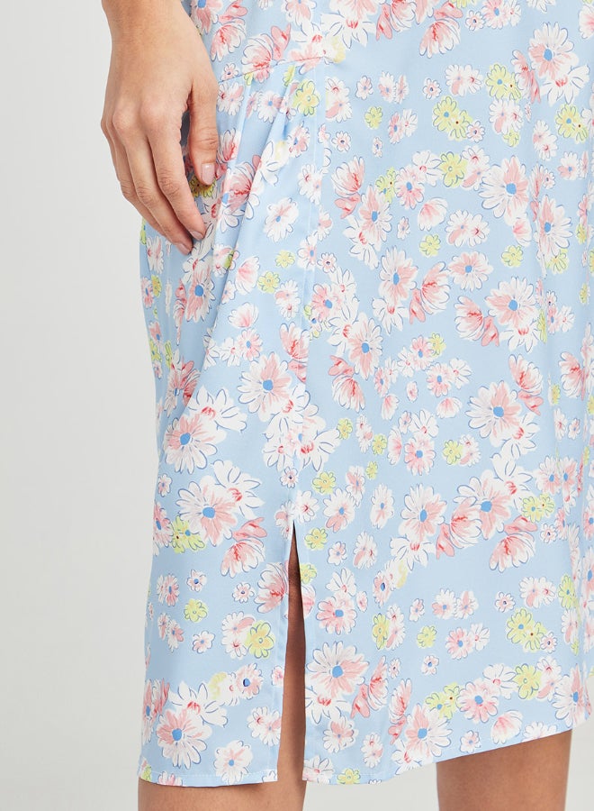 Closet By Styli - Side Slit Floral Printed High Waist Midi Skirt Blue - Image 1
