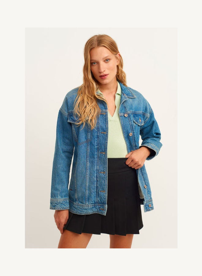 OXXO - Collared Neck Denim Jacket Tint Blue - Image 1