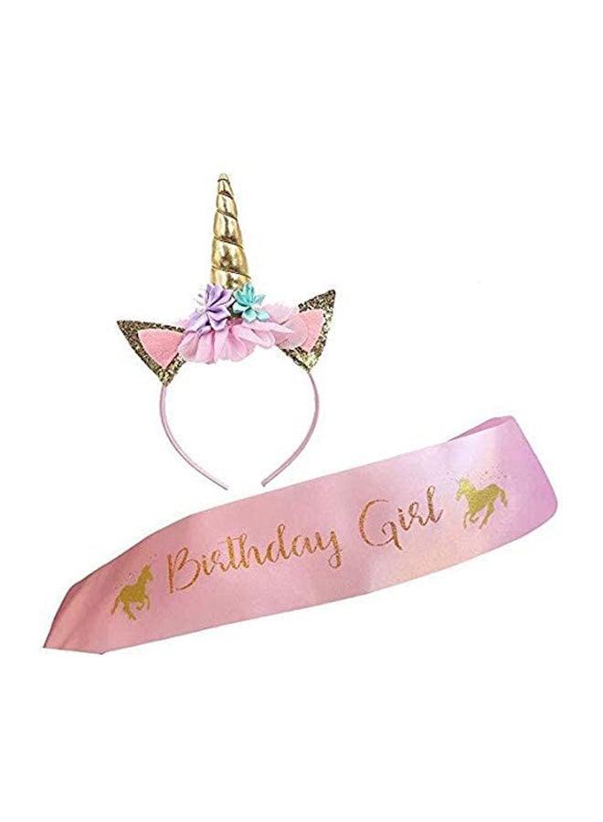 Generic Unicorn Headband And Birthday Girl Sash Set With Handmade Felt Flowers Multicolored For Both Kids And Adults 26x19cm  - Image 1
