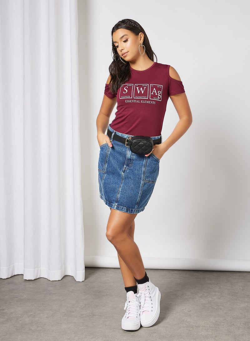 Campus Sutra Graphic Printed Cold Shoulder T-Shirt Maroon/White  - Image 2