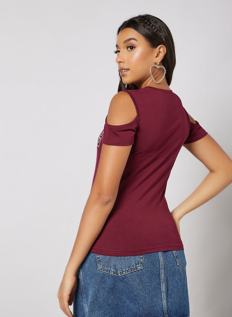 Campus Sutra Graphic Printed Cold Shoulder T-Shirt Maroon/White  - Image 4