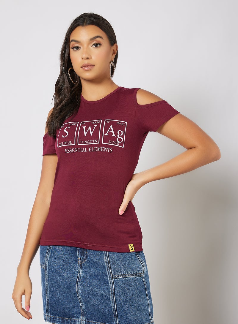 Campus Sutra Graphic Printed Cold Shoulder T-Shirt Maroon/White  - Image 1