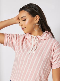 Campus Sutra Striped Pattern Drawstring Neck Hoodie Pink/White  - Image 2