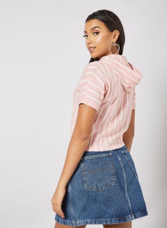 Campus Sutra Striped Pattern Drawstring Neck Hoodie Pink/White  - Image 4